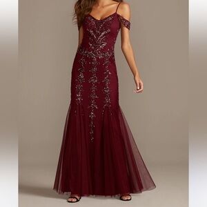 David's Bridal Burgundy Beaded Prom Or Wedding Dress